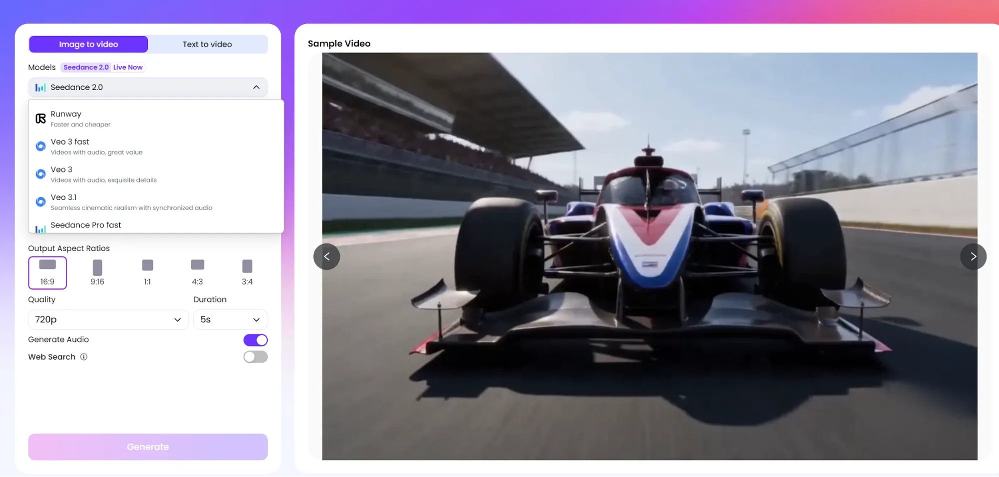 Dasbor generator gambar-ke-video berbasis AI, memungkinkan pemilihan model, resolusi, durasi, dan parameter lainnya untuk menghasilkan video.