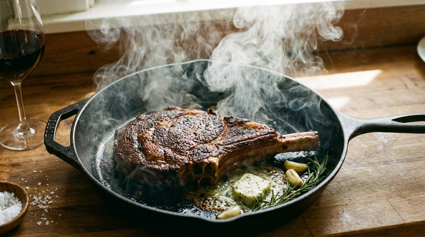 Juicy steak sizzling in smoky cast-iron pan