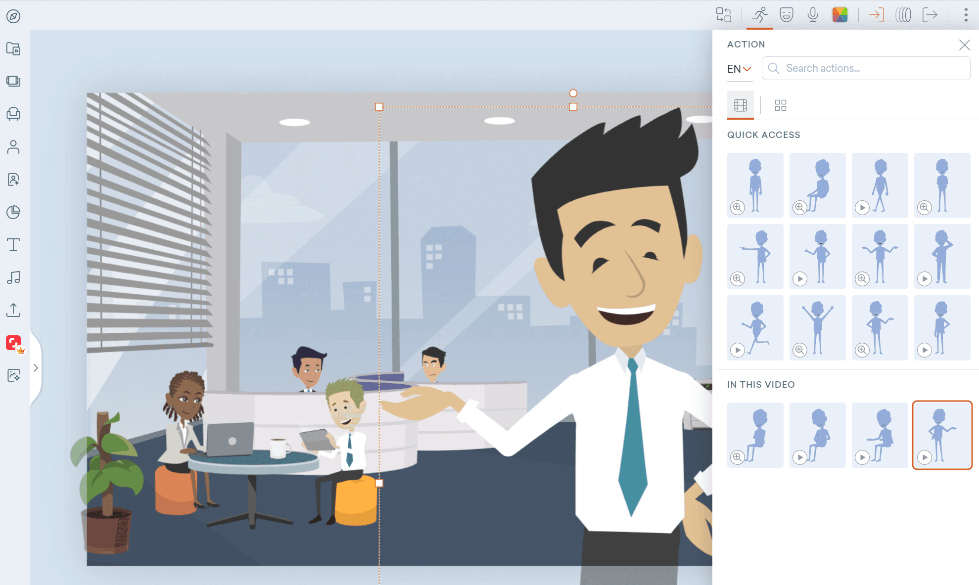 Cartoon businessman standing in bright modern office room