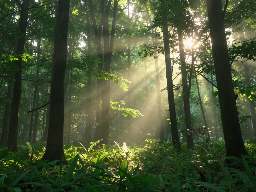Sunlight streaming through green forest with misty morning atmosphere.