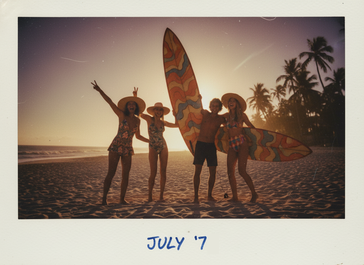 Group of friends with surfboard celebrating at beach sunset
