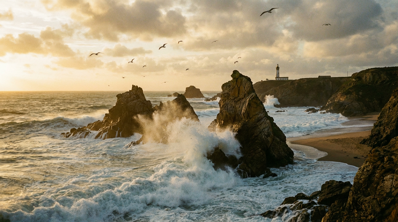 Waves crash against rocky coastline at golden sunset