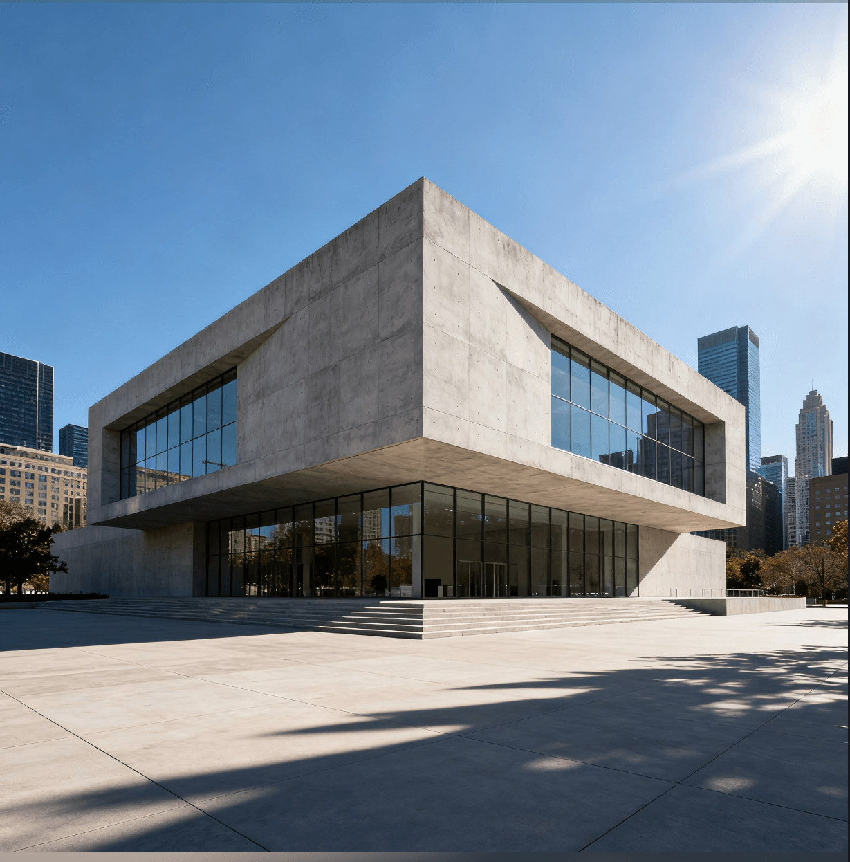 Modern minimalist concrete building under clear blue sky