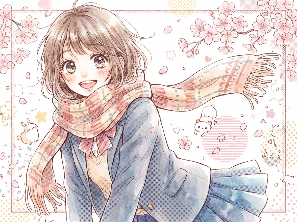 Anime girl illustration with scarf near cherry blossom trees.