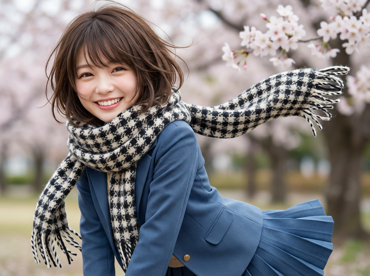 Smiling woman wearing checkered scarf outdoors in spring blossoms