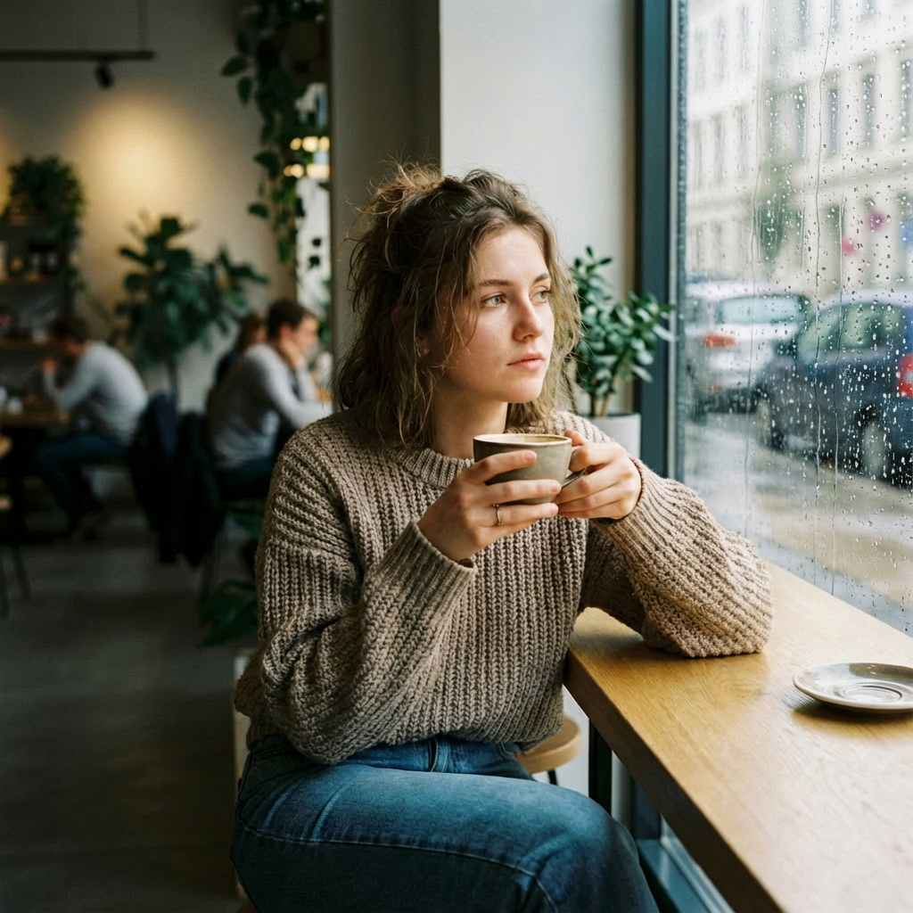 Woman drinking coffee by window in crowded urban cafe