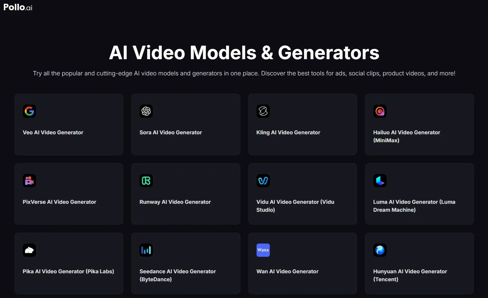 TikTV.ai platform display of mainstream global AI video generation model card list