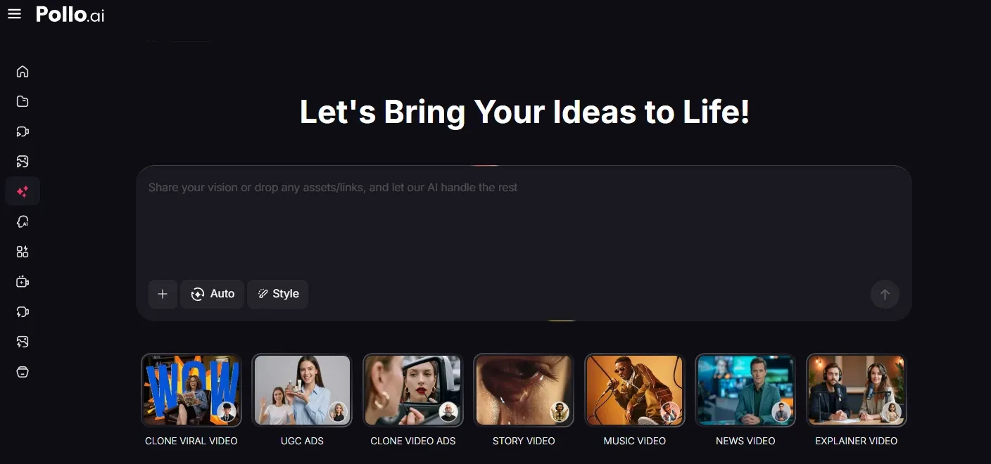 TikTV.ai AI video creation main interface with scene template shortcuts and input dialog box