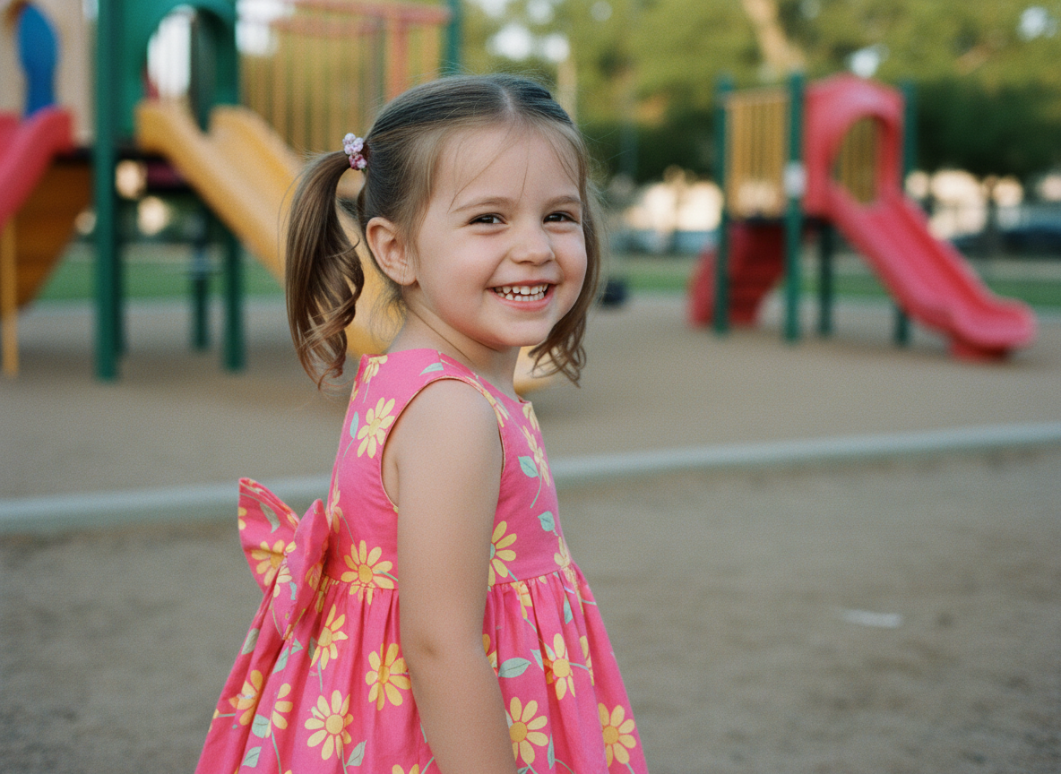 Young girl in pink dress smiling at playground