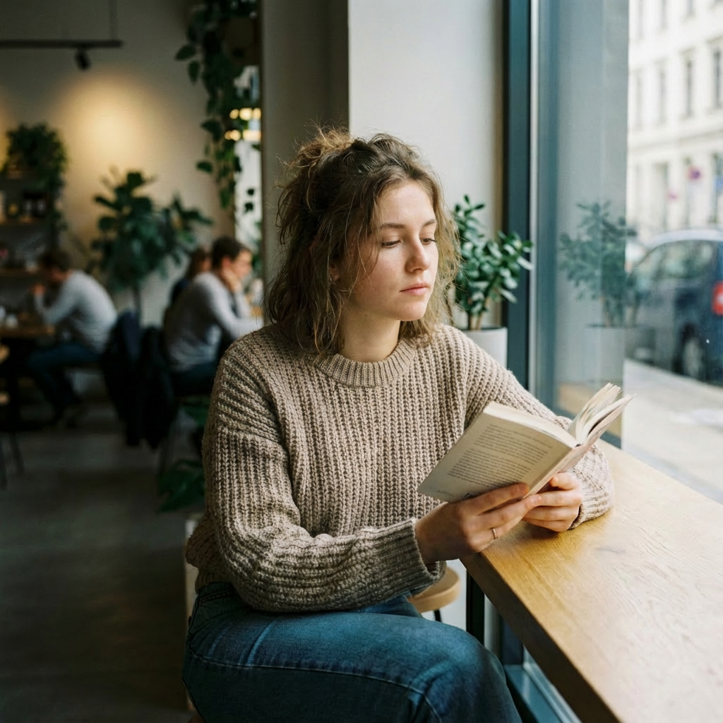 Woman relaxing with coffee at window seat in cafe