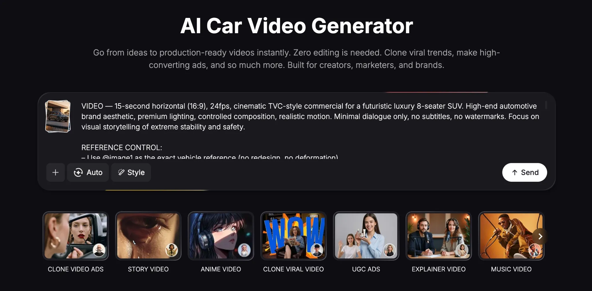 Interface for an AI car video generator with various video style options.