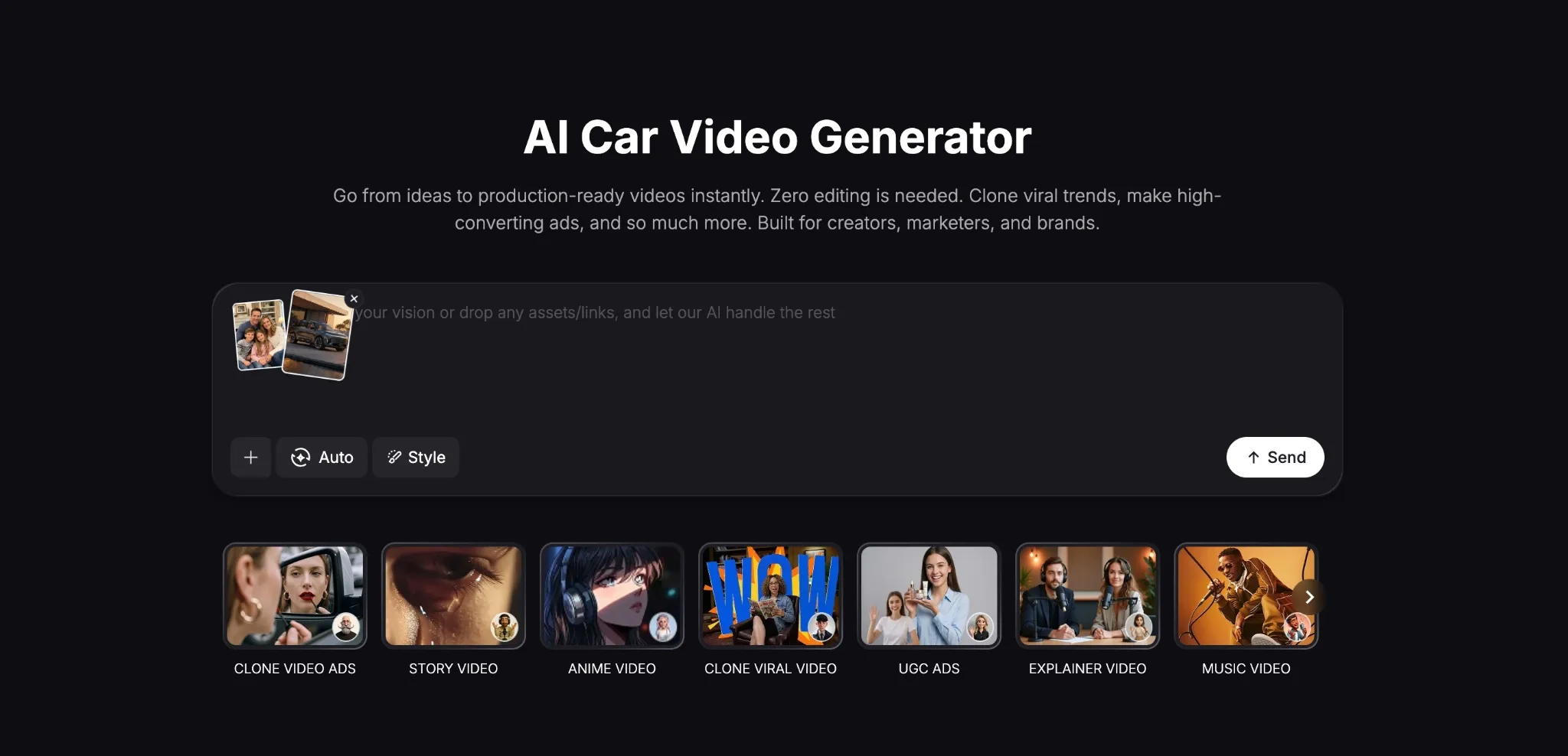 Interface for an AI car video generator with various video style options.