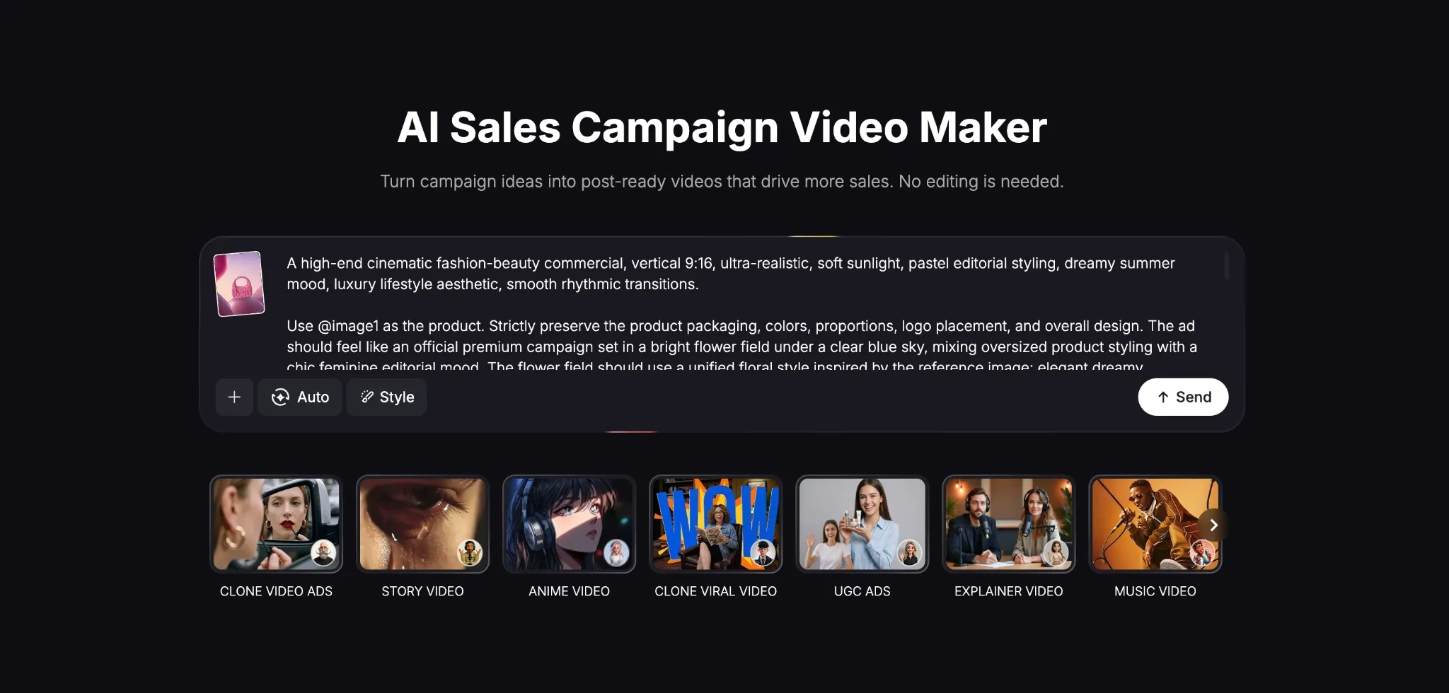 Interface for creating AI-driven sales campaign videos with various styles.