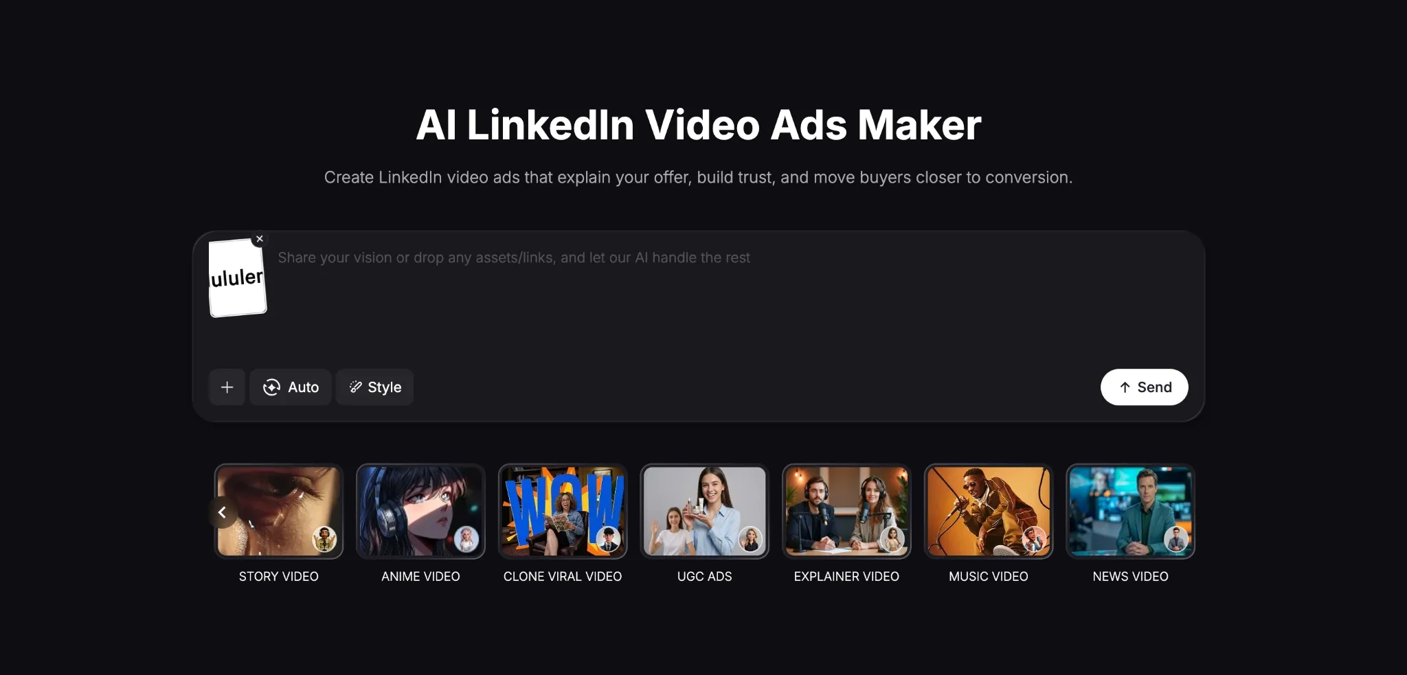 Interface for creating AI-generated LinkedIn video ads with various styles.
