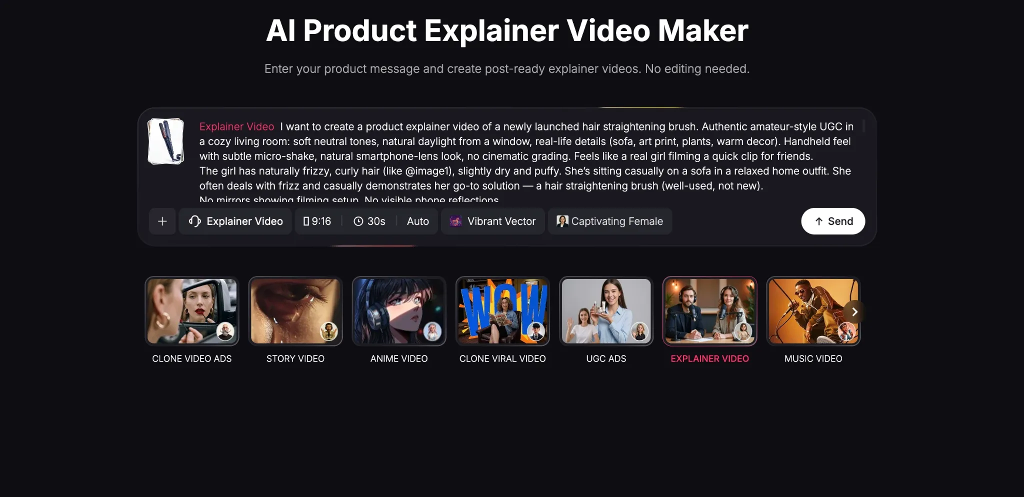 Interface for creating AI product explainer videos with various templates.