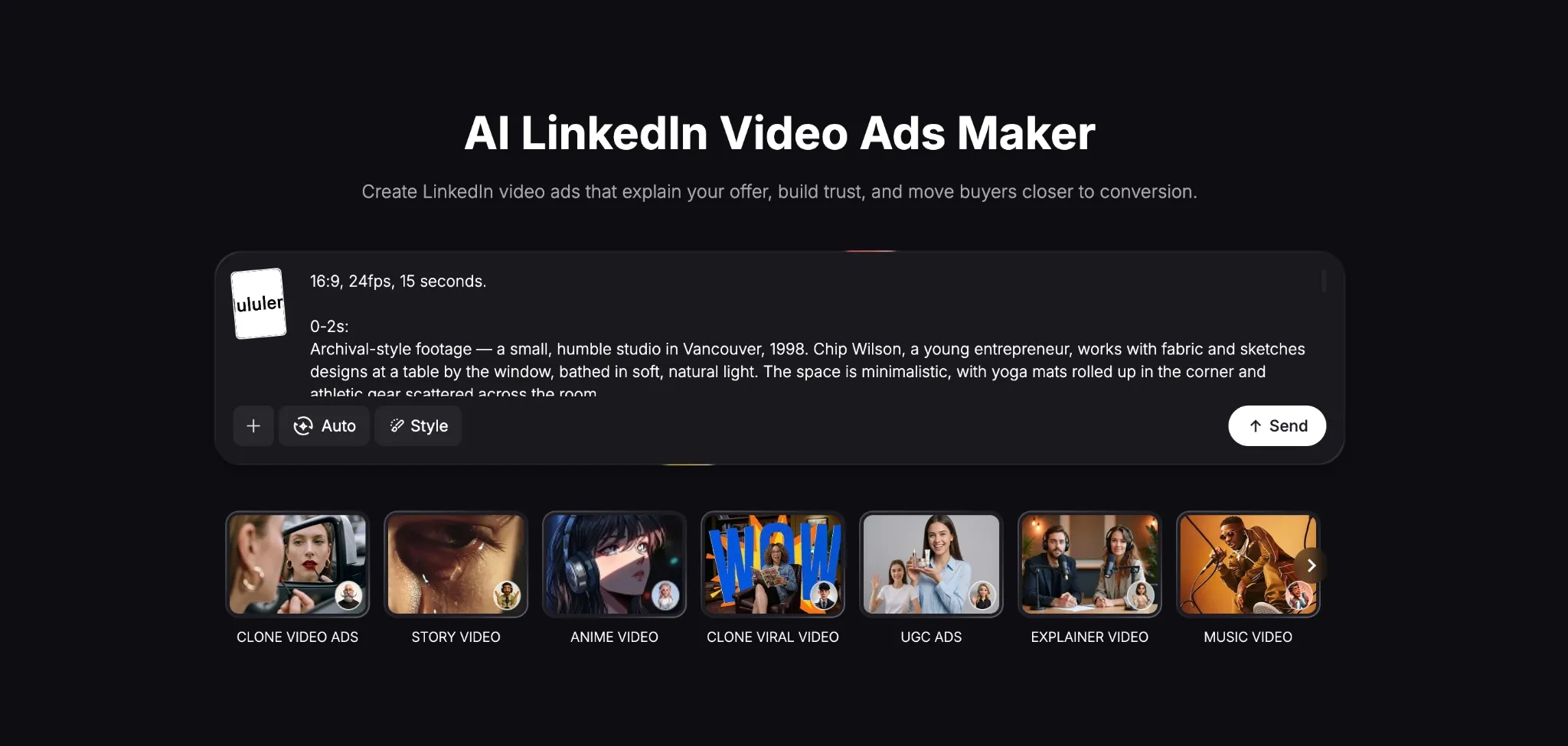 Interface for creating LinkedIn video ads with various styles and archival footage.