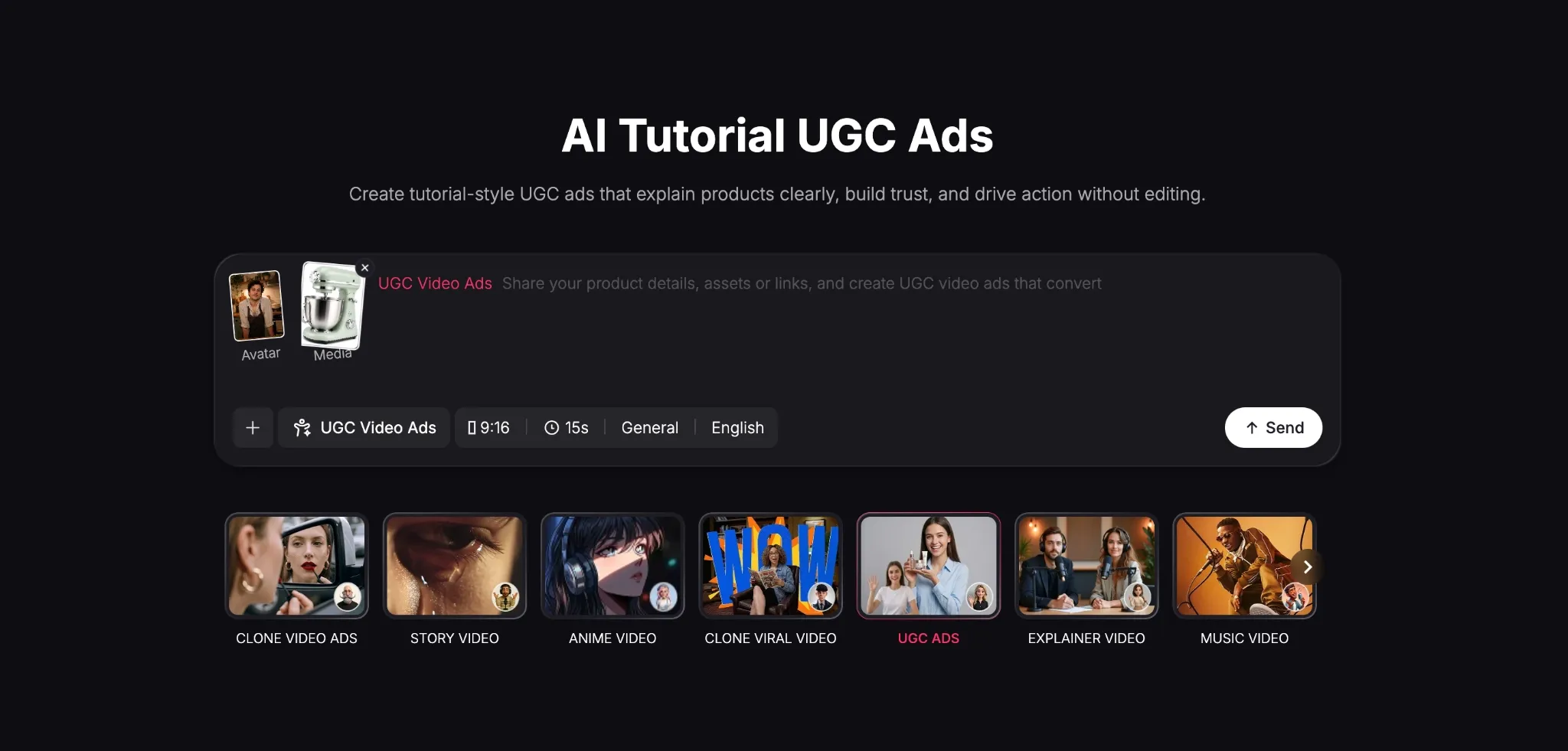 Interface for creating tutorial-style UGC video ads with various options.