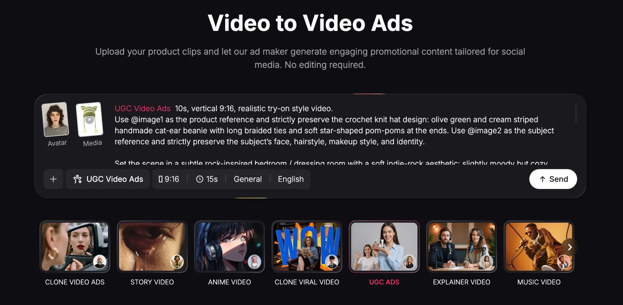 Interface for creating video ads with product clips and various video styles.