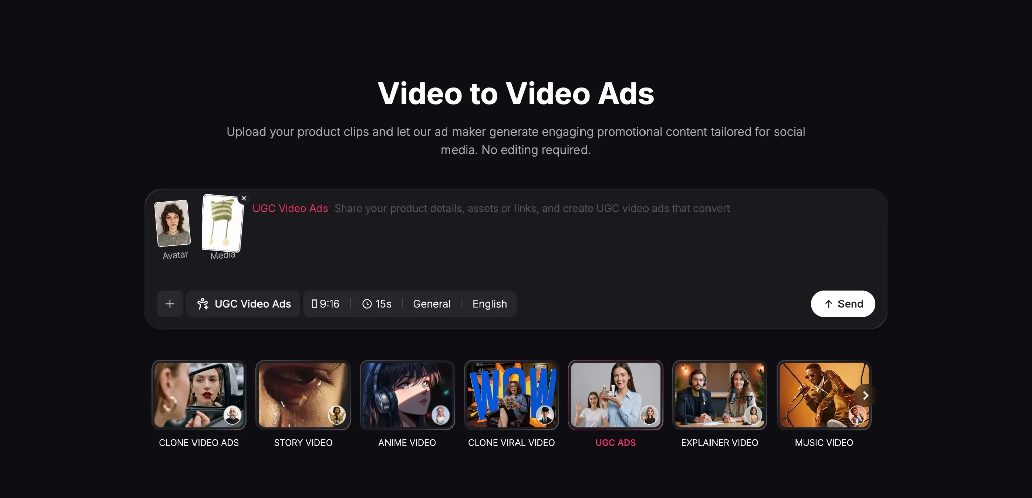 Interface for creating video ads with various templates and options.