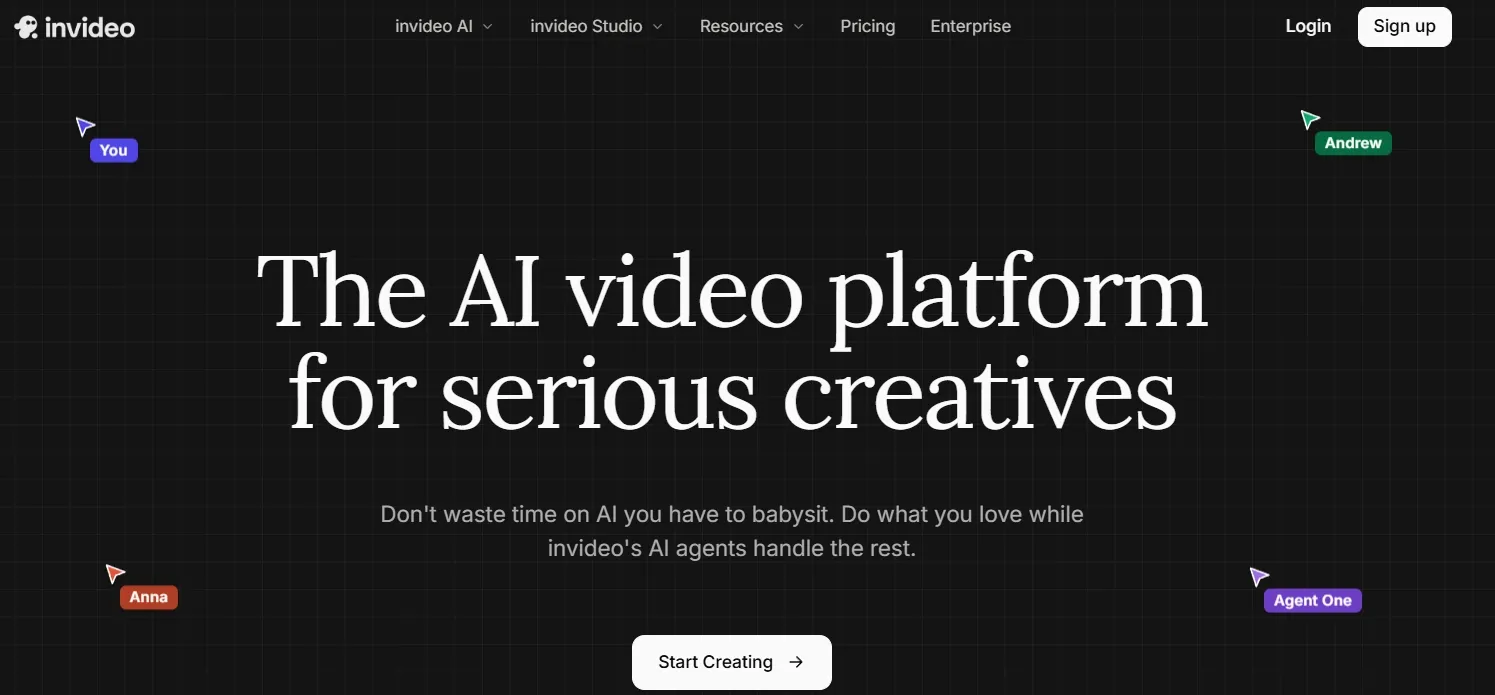 Invideo AI homepage for serious creators and AI agents