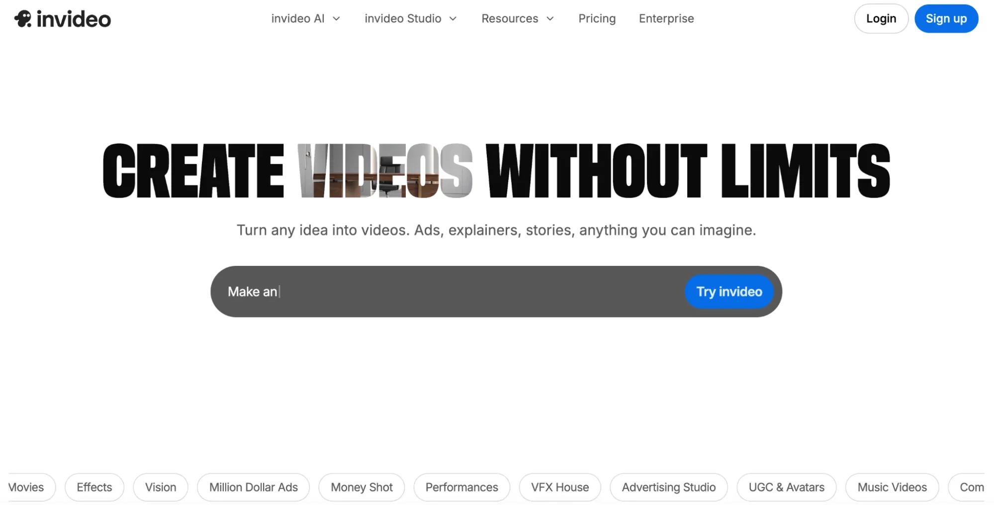 InVideo homepage with bold video creation headline and input bar