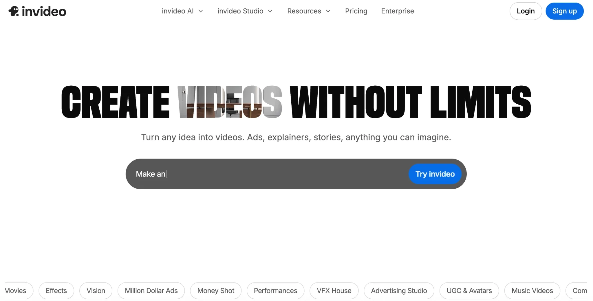 InVideo homepage with a prompt bar for creating AI videos