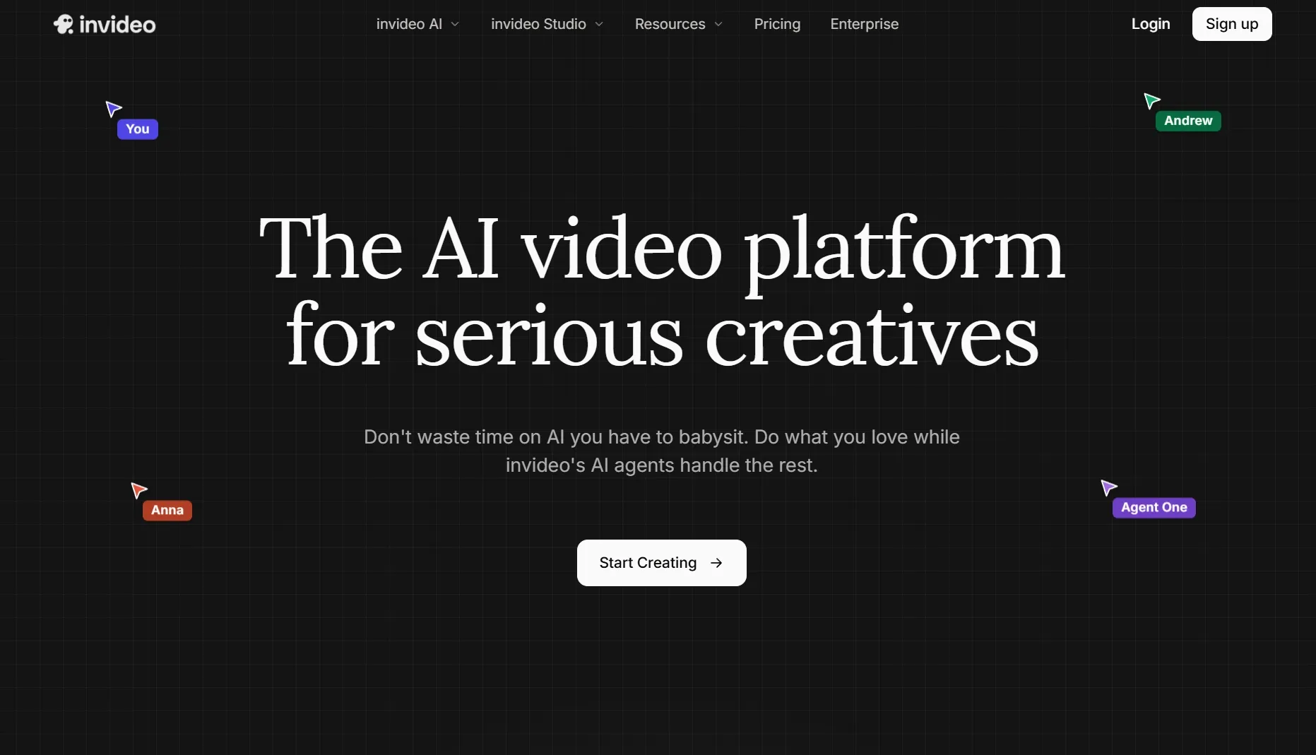 Invideo homepage for an AI video platform for creators