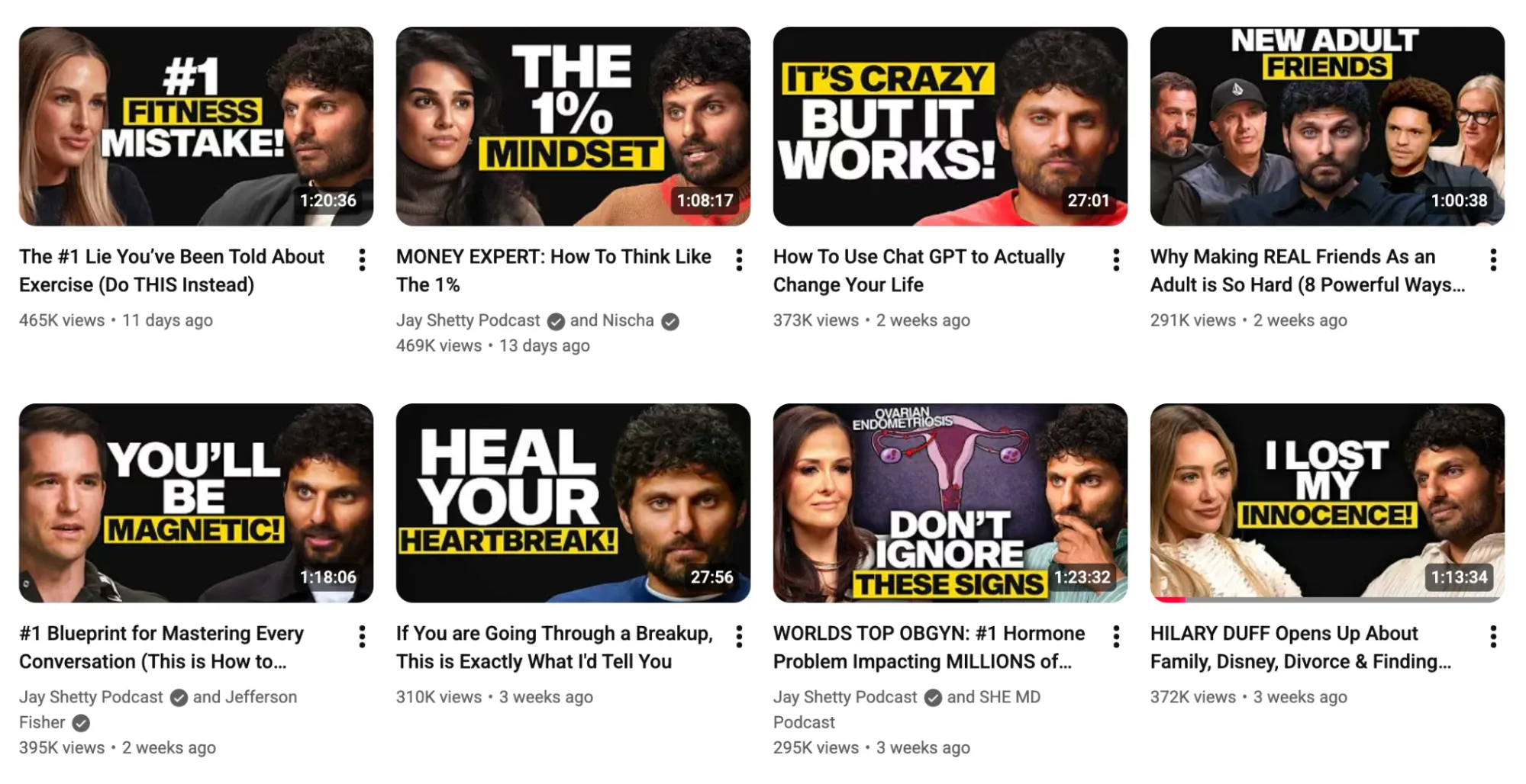 YouTube page showing Jay Shetty podcast interview videos about personal growth, health, and relationships