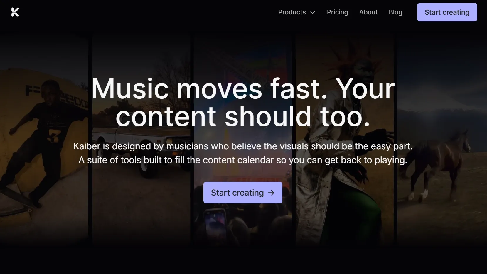Kaiber homepage promoting fast visuals for musicians and music content