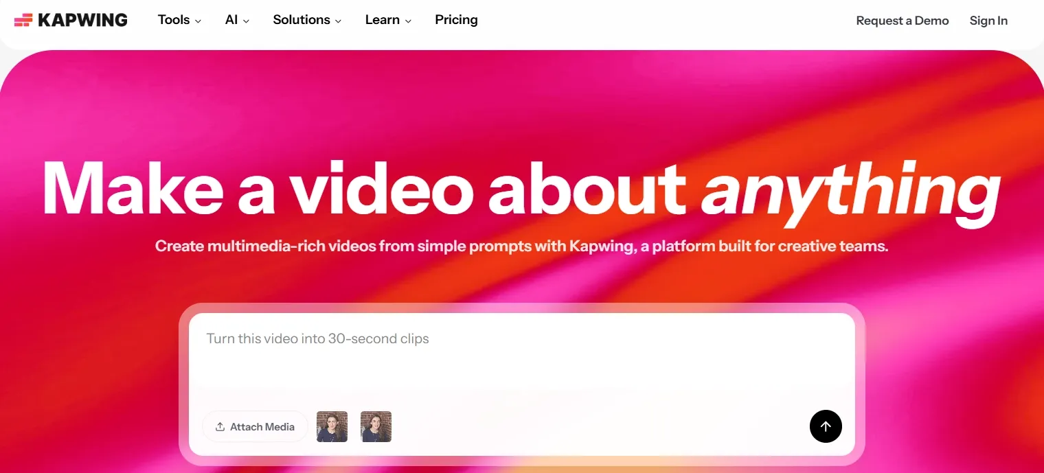 Kapwing homepage promoting prompt-based video creation for creative teams