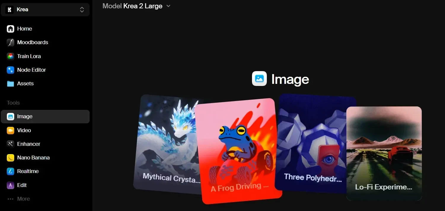 Krea AI homepage promoting creative suite for images videos and 3D