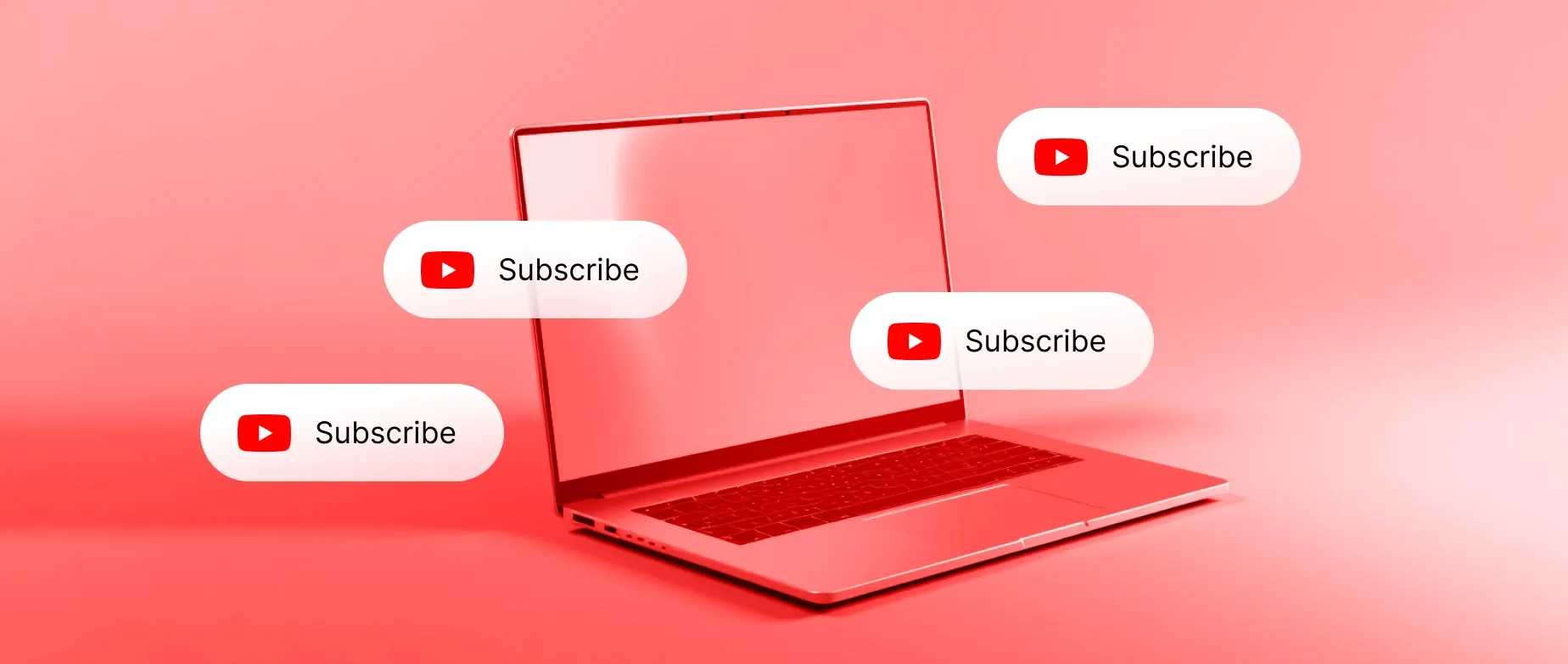 A laptop on a red background surrounded by multiple YouTube subscribe buttons