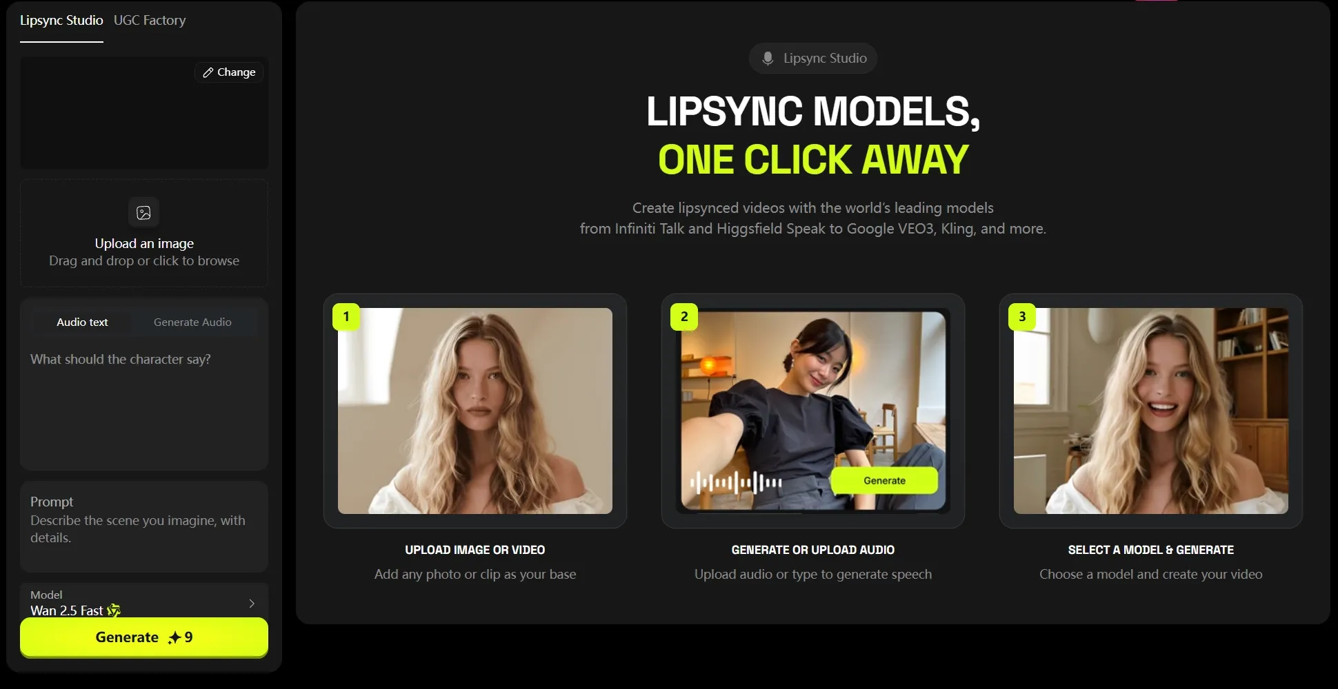 Interface for creating lipsync videos with model selection and audio generation options.