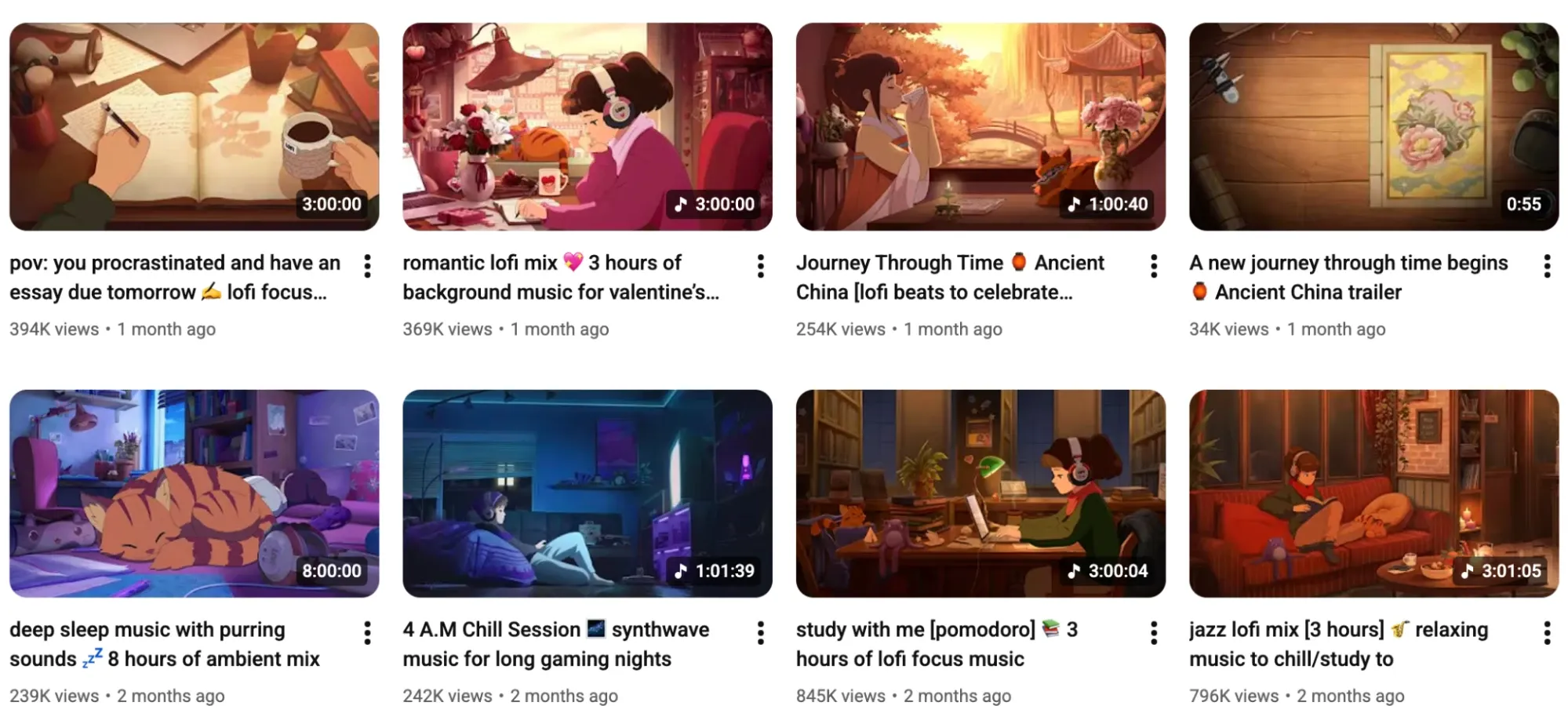 Lo-fi music YouTube thumbnails depicting study and relaxation scenes such as desks, bedrooms, and ancient-style settings