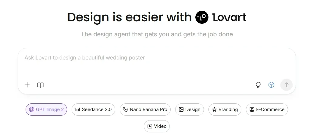 Lovart AI design agent homepage interface showing the prompt input box and function entries like GPT Image 2 and Seedance 2.0