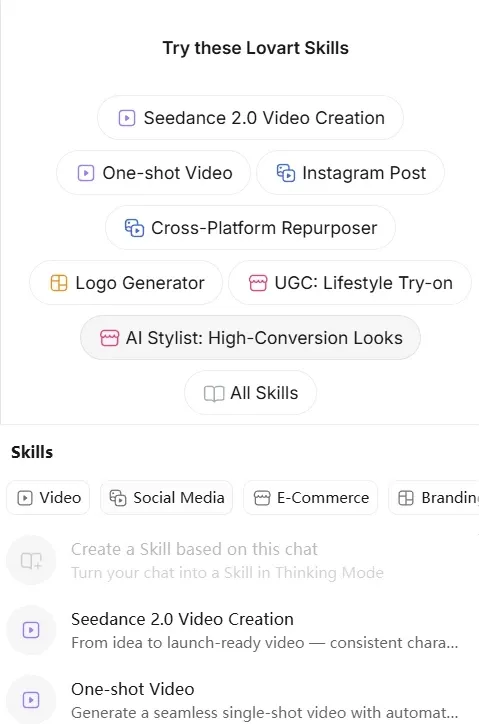 List of Lovart AI design skills including video creation, social media posts, cross-platform repurposing, and logo generator