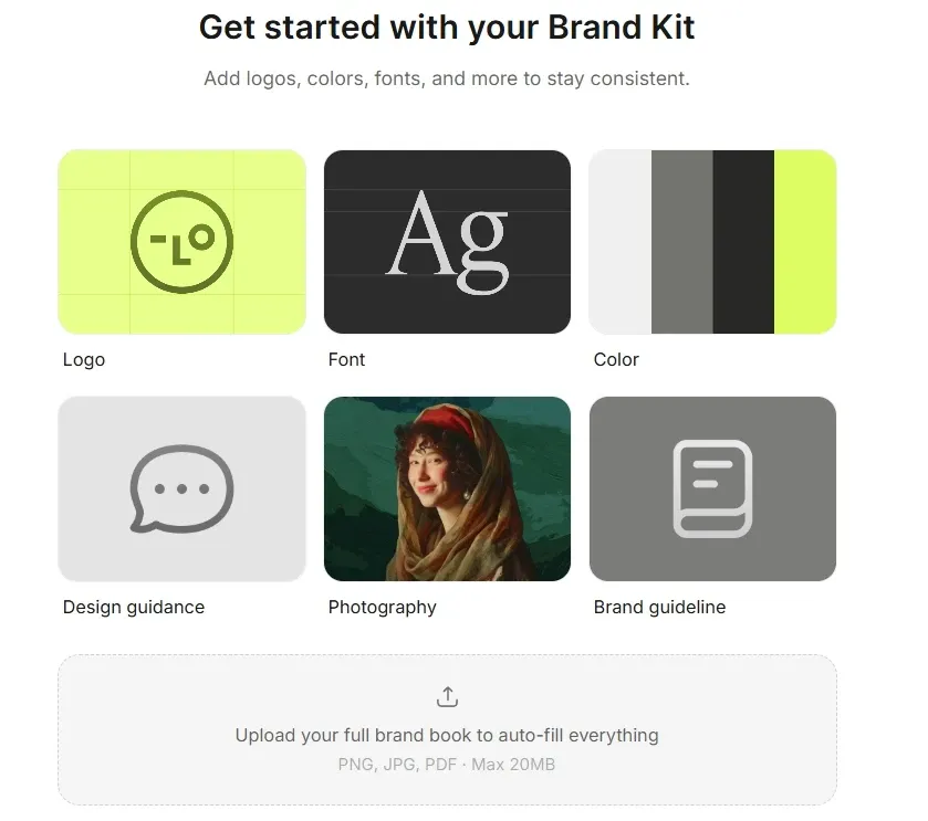 Lovart brand kit setup interface that supports uploading logos, fonts, colors, and brand guidelines for consistent design