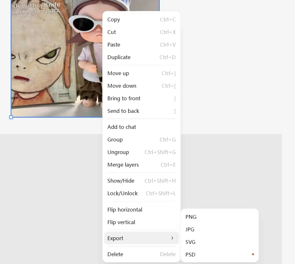Right-click menu in Lovart image editor with copy, cut, layer operations, and export options in PNG/JPG/SVG/PSD formats