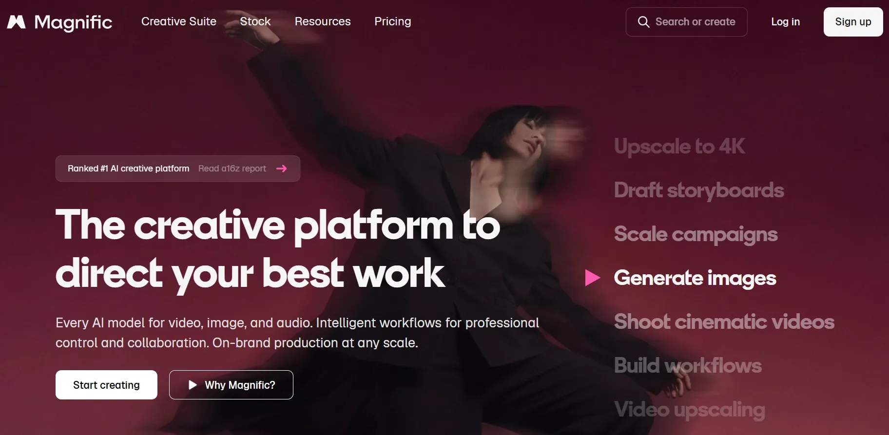 Magnific homepage showing an AI creative platform with generation and upscaling options