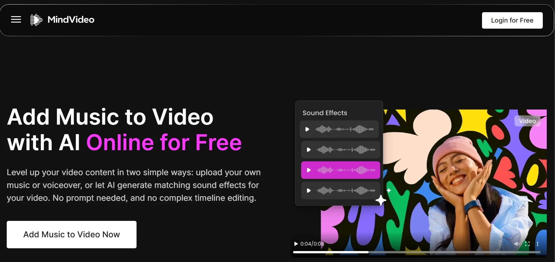 MindVideo page showing an AI tool for adding music and sound effects to video