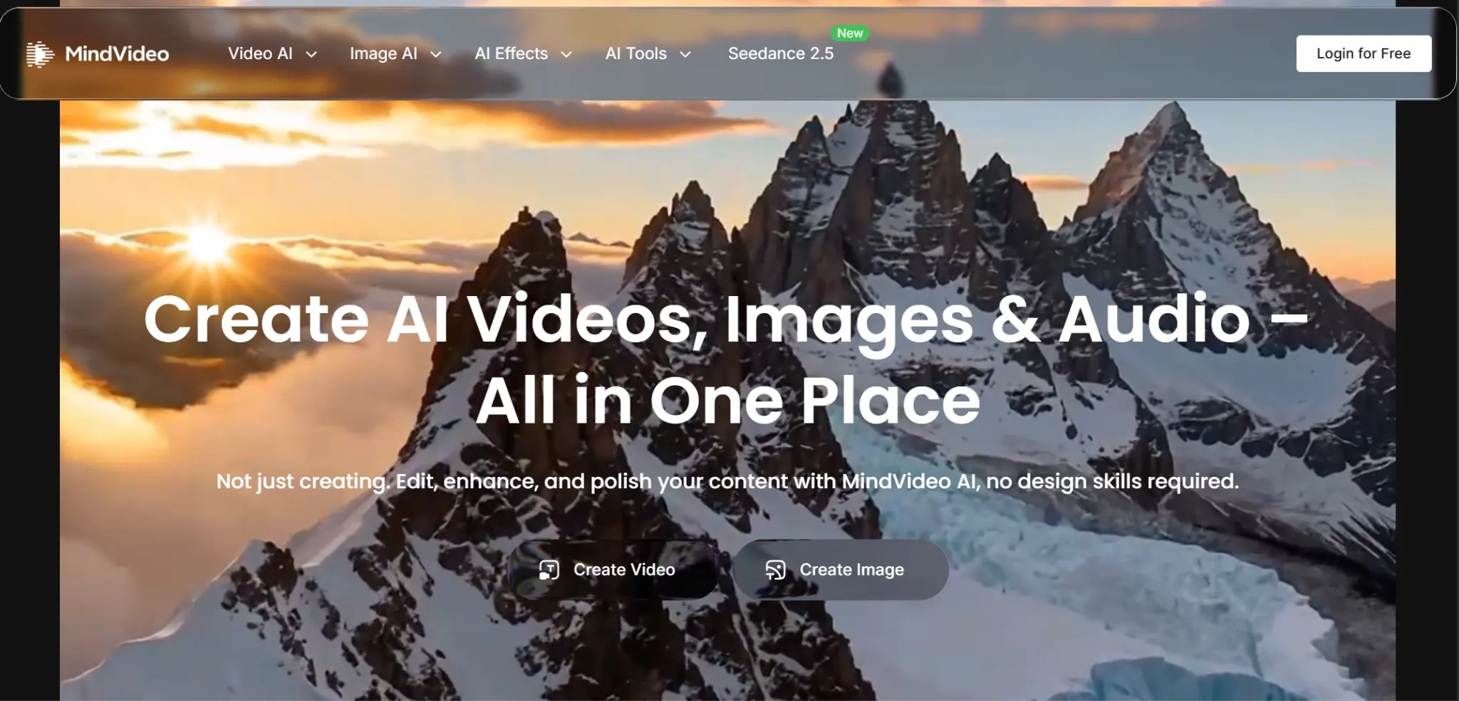 MindVideo homepage showing AI video, image, and audio creation options over a mountain background