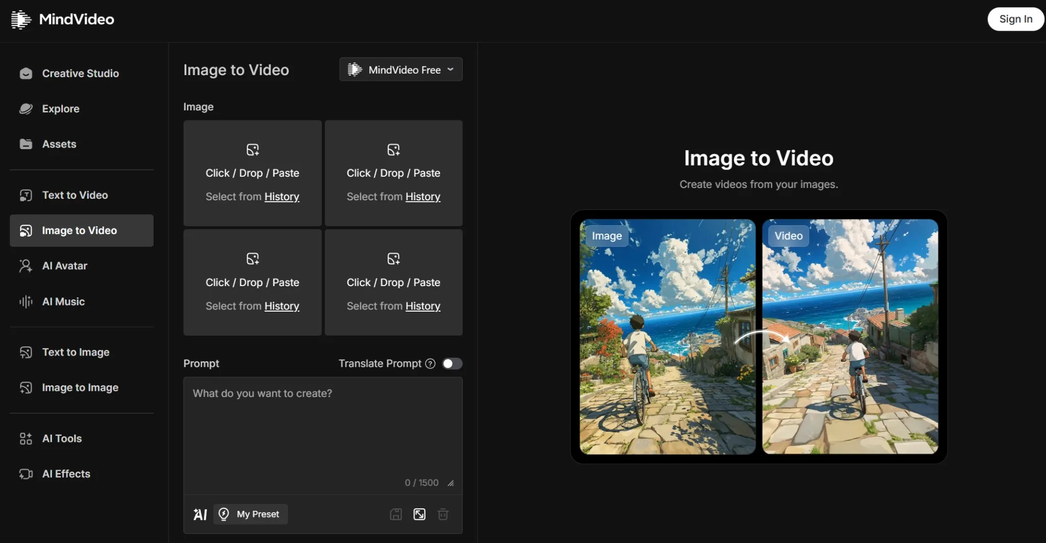 MindVideo image-to-video workspace with upload panels and an image-to-video preview