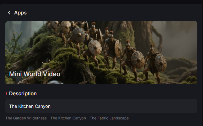 Mini World Video app interface showing video scene preview and description input