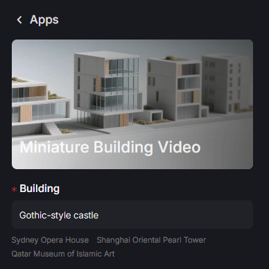 Miniature building video selection interface with modern architecture preview and selected Gothic-style castle option
