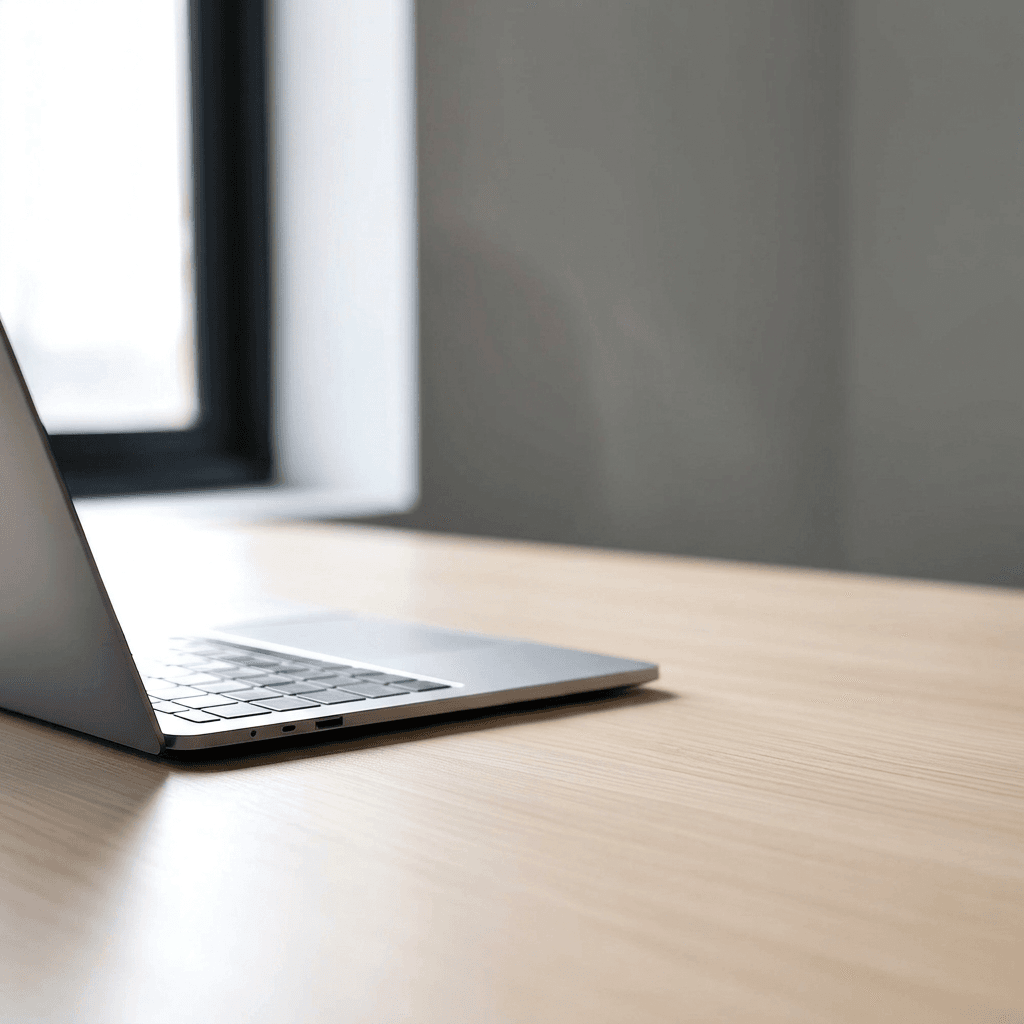 Sebuah laptop di atas meja kayu bersih dengan latar belakang minimalis.