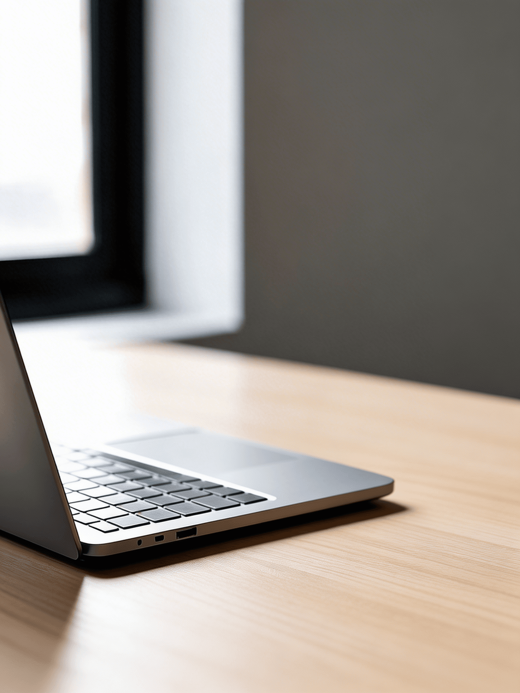 Sebuah laptop minimalis diletakkan di atas meja kayu dengan pencahayaan alami yang lembut dan latar belakang yang bersih.