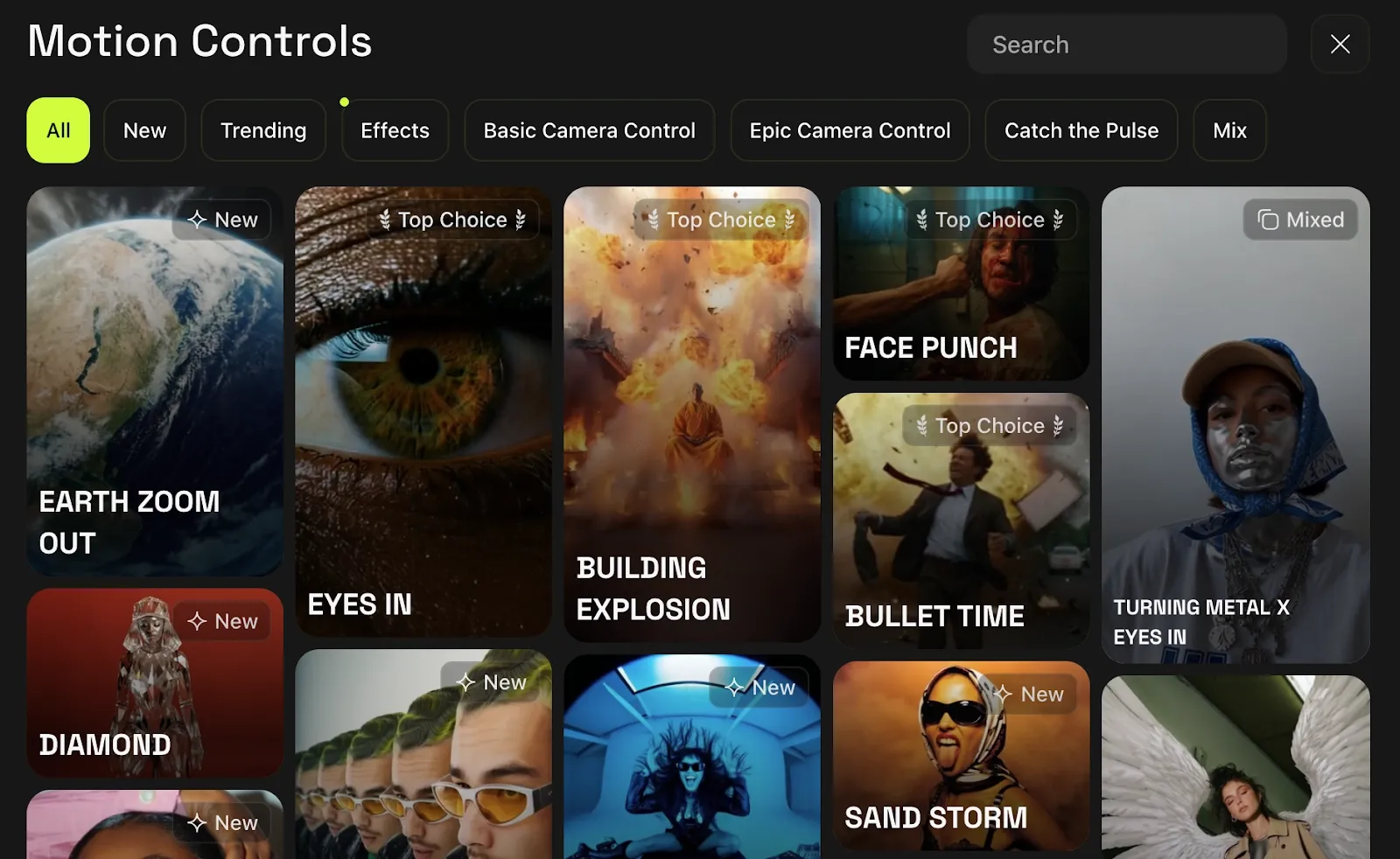 Various motion control effects displayed in a grid layout.