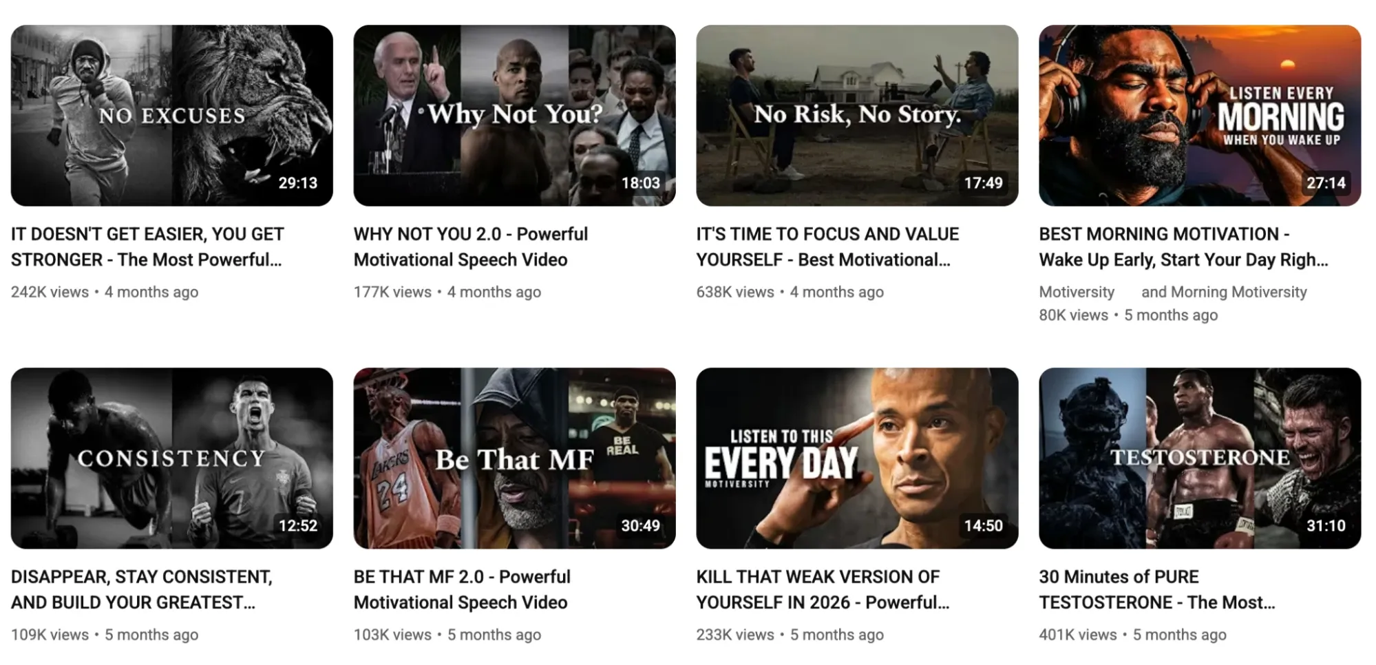 A collection of motivational speech YouTube video thumbnails featuring inspirational phrases like