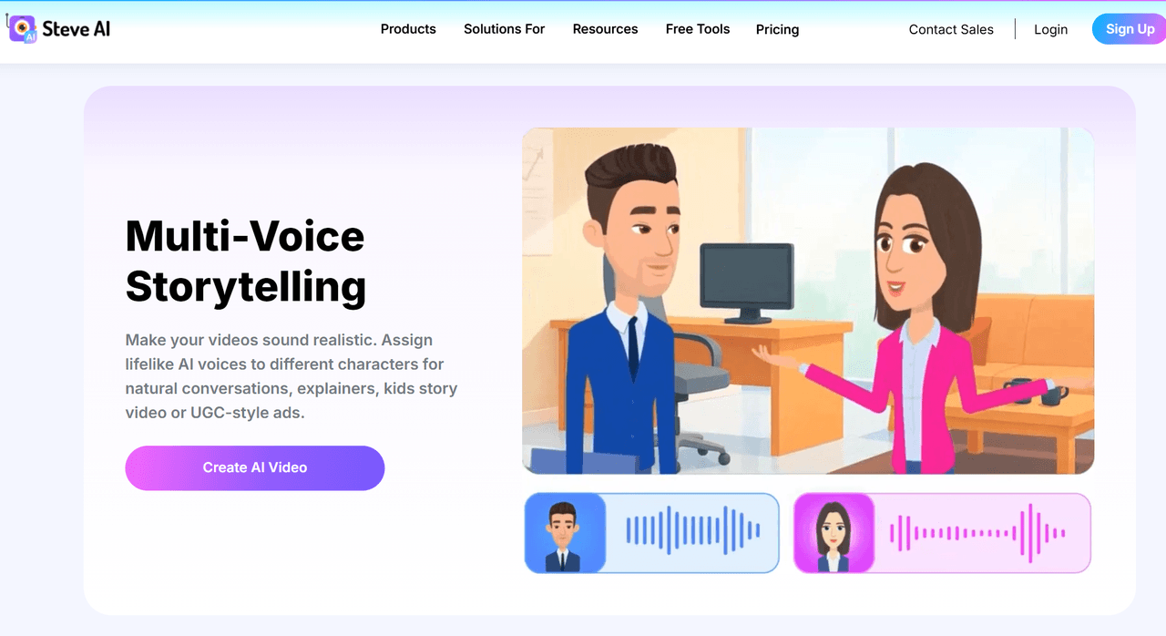 UI dello strumento AI, anteprima della funzione storytelling multi-voce.