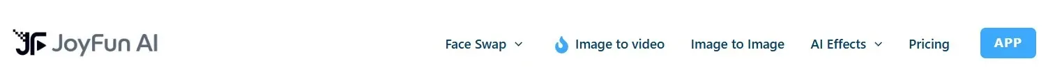 Top navigation bar of the JoyFun AI website featuring menus such as Face Swap, Image to Video, and Pricing